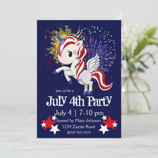 4. Juli American Unicorn Pegasus Rainbow Einladung (Stehend Vorderseite)