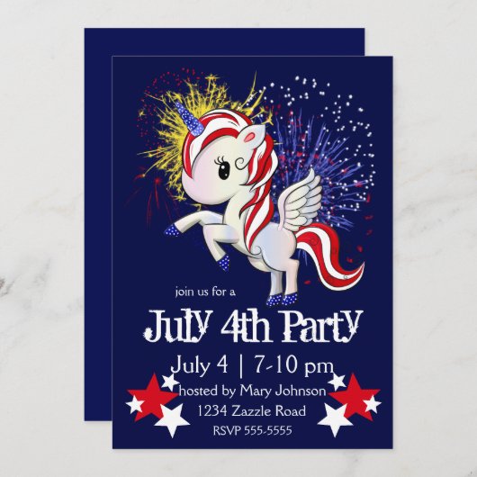 4. Juli American Unicorn Pegasus Rainbow Einladung (Vorne/Hinten)