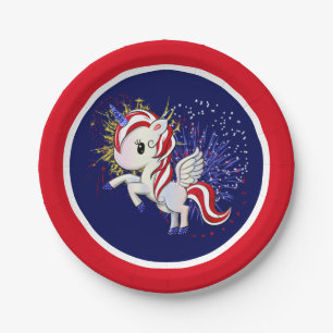 4. Juli American Unicorn Pegasus Rainbow Pappteller