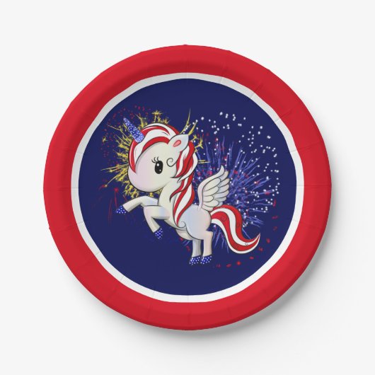 4. Juli American Unicorn Pegasus Rainbow Pappteller (Vorderseite)