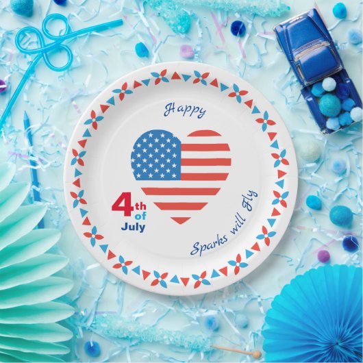 4. Juli American USA Flag Heart Patriotic Pappteller (Party)
