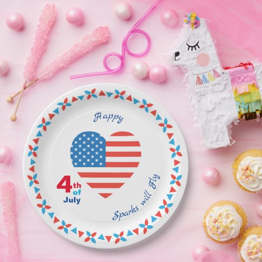 4. Juli American USA Flag Heart Patriotic Pappteller (Party)