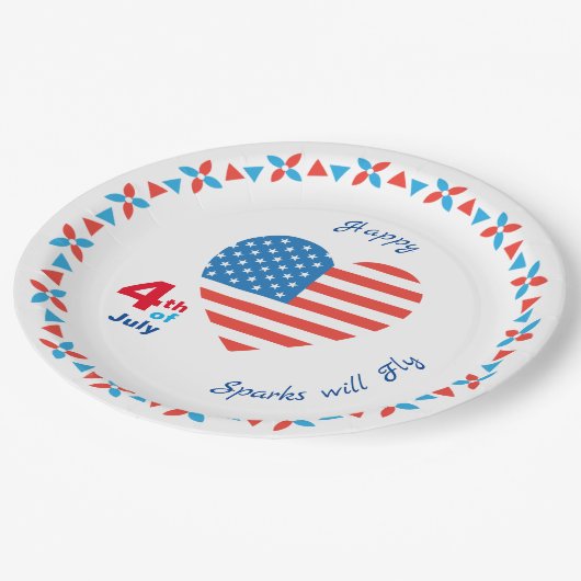 4. Juli American USA Flag Heart Patriotic Pappteller (Schrägansicht)