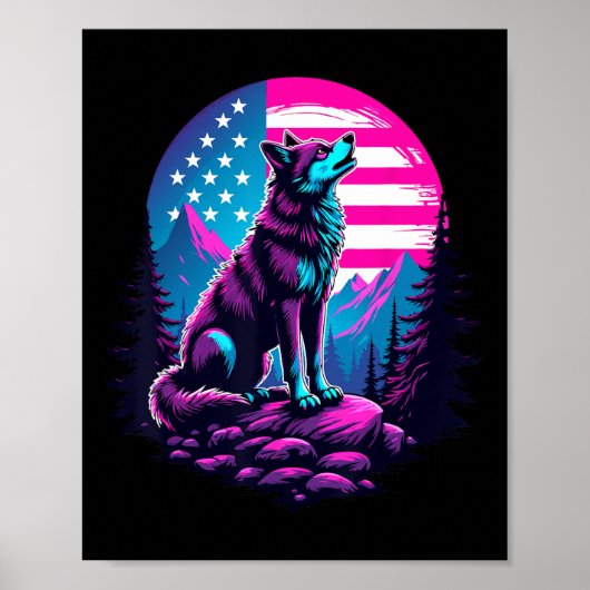 4. Juli Amerikanische Flagge Howling Wolf unter US Poster (Vorne)