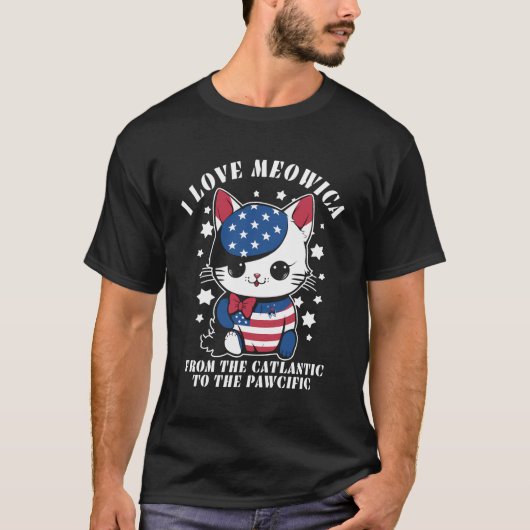 4. Juli Amerikanische Flagge I Liebe Meowica Katze T-Shirt (Vorderseite)
