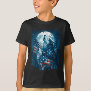 4. Juli Amerikanische Flagge Wolf Heulender Mond W T-Shirt