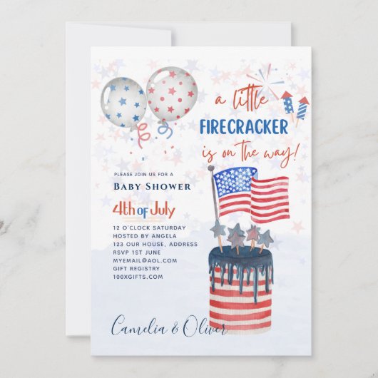 4. Juli BABY SHOWER INVITE Firecracker Cake Flag Einladung (Vorderseite)