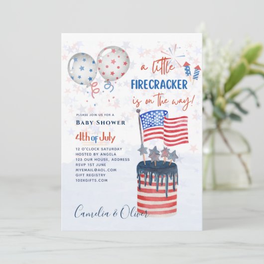 4. Juli BABY SHOWER INVITE Firecracker Cake Flag Einladung (Stehend Vorderseite)
