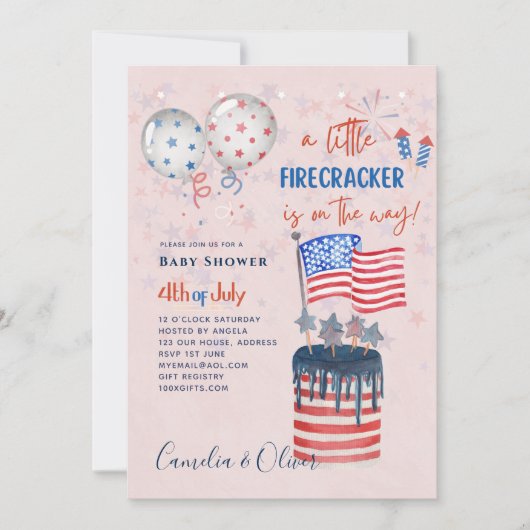 4. Juli BABY SHOWER INVITE Firecracker Cake Flag Einladung (Vorderseite)