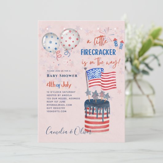 4. Juli BABY SHOWER INVITE Firecracker Cake Flag Einladung (Stehend Vorderseite)