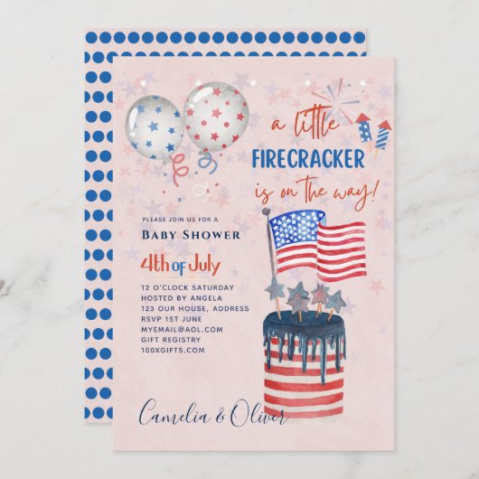 4. Juli BABY SHOWER INVITE Firecracker Cake Flag Einladung (Vorne/Hinten)