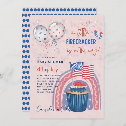4. Juli BABY SHOWER INVITE Firecracker Cupcake Einladung (Vorne/Hinten)