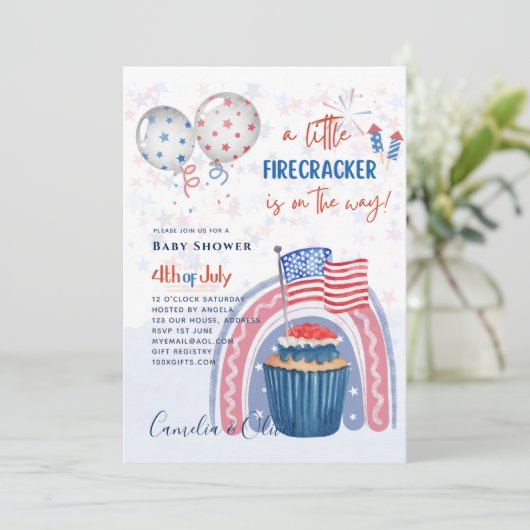 4. Juli BABY SHOWER INVITE Firecracker Cupcake Einladung (Stehend Vorderseite)