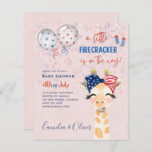 4. Juli BABY SHOWER INVITE Firecracker Giraffe (Vorne/Hinten)