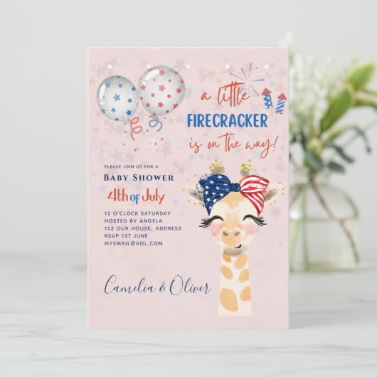 4. Juli BABY SHOWER INVITE Firecracker Giraffe Einladung (Stehend Vorderseite)
