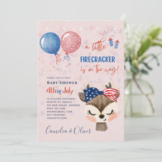 4. Juli BABY SHOWER INVITE Firecracker Hirsch Einladung (Stehend Vorderseite)