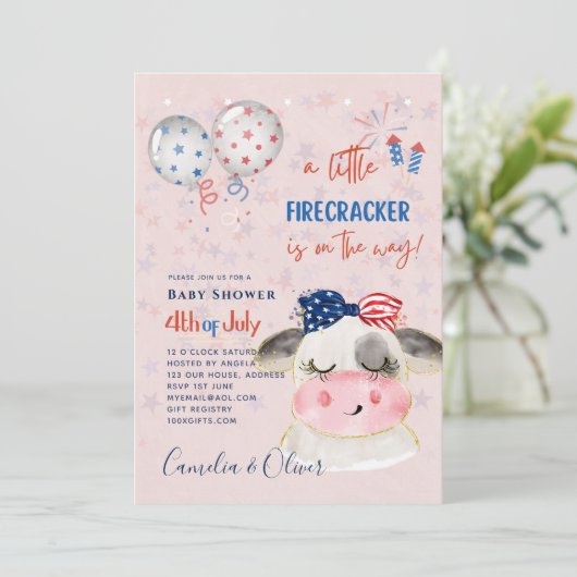4. Juli BABY SHOWER INVITE Firecracker Kuh Einladung (Stehend Vorderseite)