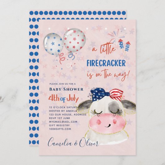 4. Juli BABY SHOWER INVITE Firecracker Kuh Einladung (Vorne/Hinten)