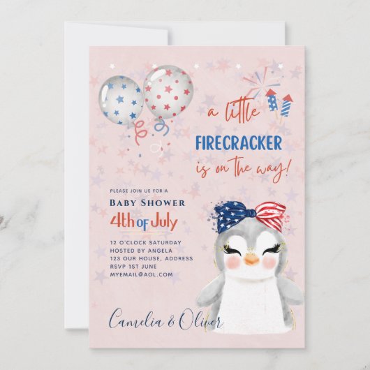4. Juli BABY SHOWER INVITE Firecracker Pinguin Einladung (Vorderseite)