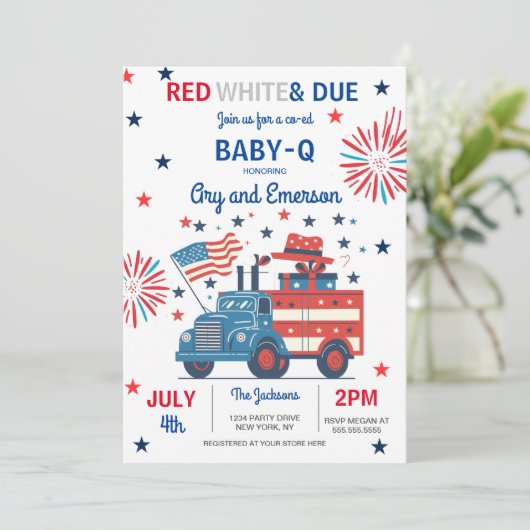 4. Juli Babydusche Baby-Q Babydusche Juli GRILLEN Einladung (Stehend Vorderseite)