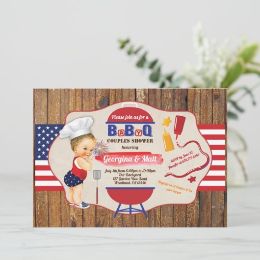 4. Juli Babypaare Dusche GRILLEN Party Einladung (Stehend Vorderseite)