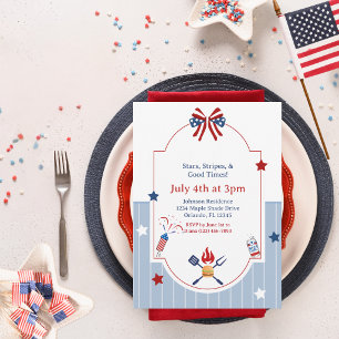 4. Juli BBQ Rot Weiß Blau Streifen Patriotisch Einladung