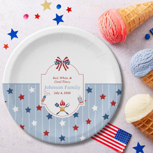 4. Juli BBQ Rot Weiß Blau Streifen Patriotisch Pappteller