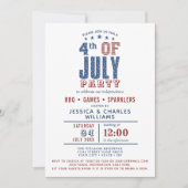  4. Juli Blue Red Stars Streifen Einladung (Vorderseite)