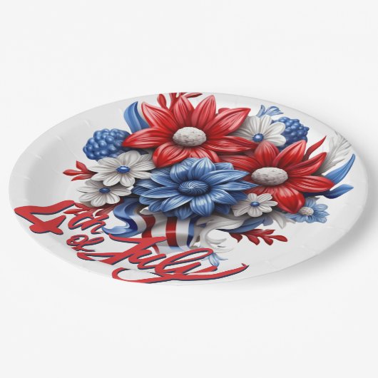 4. Juli Blume in Red White & Blue Patriotic Pappteller (Schrägansicht)