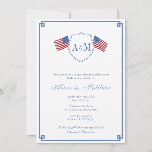 4. Juli Brautparty der Classic Monogram Couples Einladung (Vorderseite)