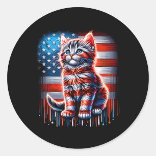 4. Juli Cat Usa Flag Niedlicher Kätzchen Gedenktag Runder Aufkleber