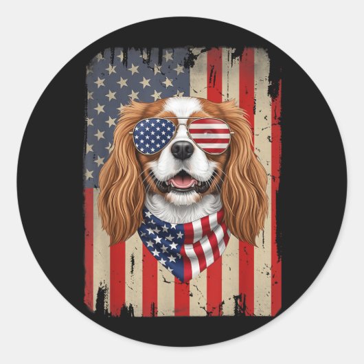 4. Juli Cavalier King Charles Spaniel Hund Runder Aufkleber (Vorderseite)
