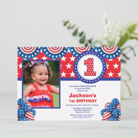 4. Juli Erster Geburtstag Einladung (Stehend Vorderseite)