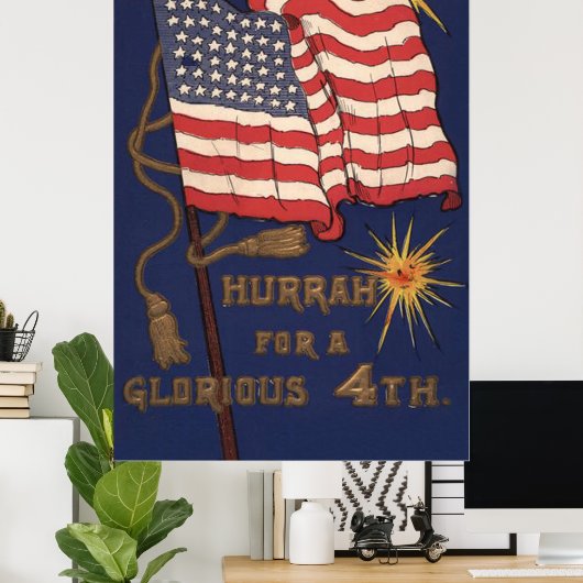 4. Juli: Explosion von Feuerwerkskörpern unter US- Poster (Heimbüro)