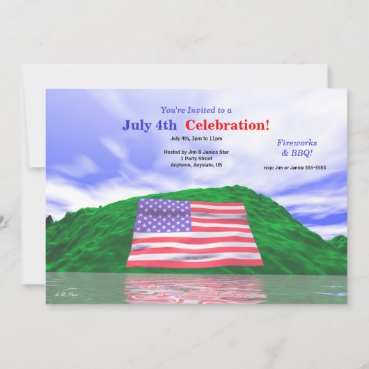 4. Juli Feier US-Flagge und Grüne Hügel Einladung (Vorderseite)