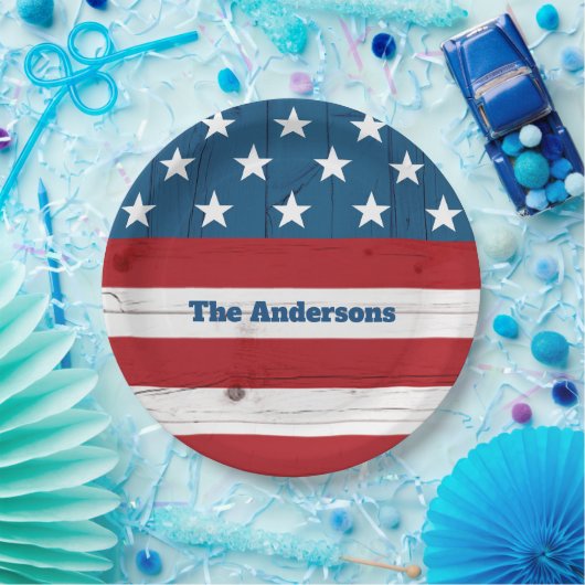 4. Juli Fett Stars Streifen Flag Rustikales Holz Pappteller (Party)