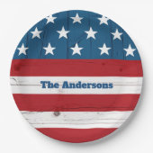 4. Juli Fett Stars Streifen Flag Rustikales Holz Pappteller (Vorderseite)