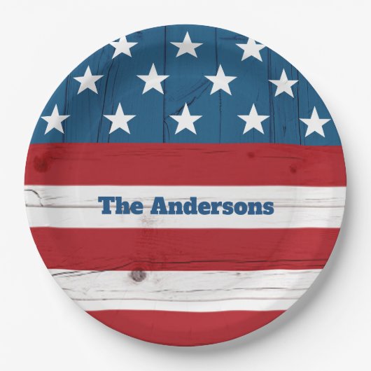 4. Juli Fett Stars Streifen Flag Rustikales Holz Pappteller (Vorderseite)