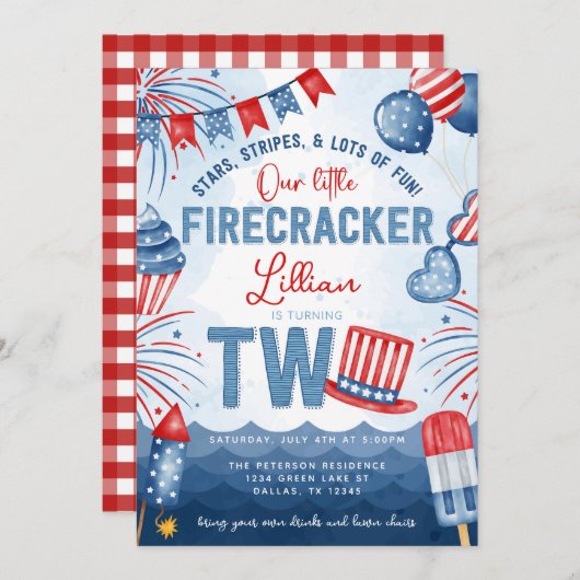 4. Juli Feuerwerk 2. Geburtstag Party Einladung (Vorne/Hinten)