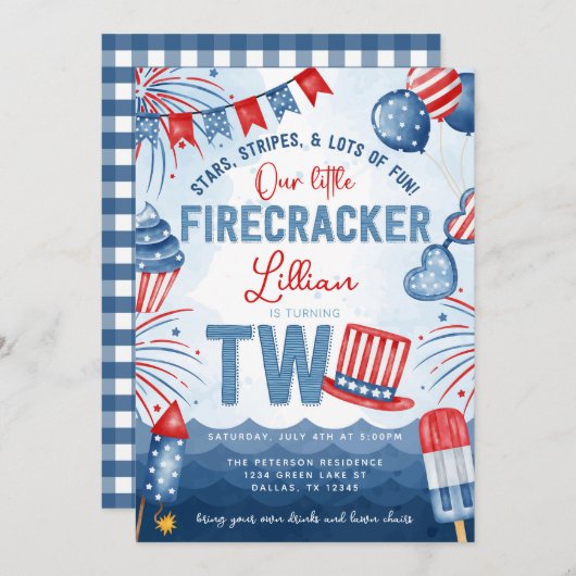4. Juli Feuerwerk 2. Geburtstag Party Einladung (Vorne/Hinten)