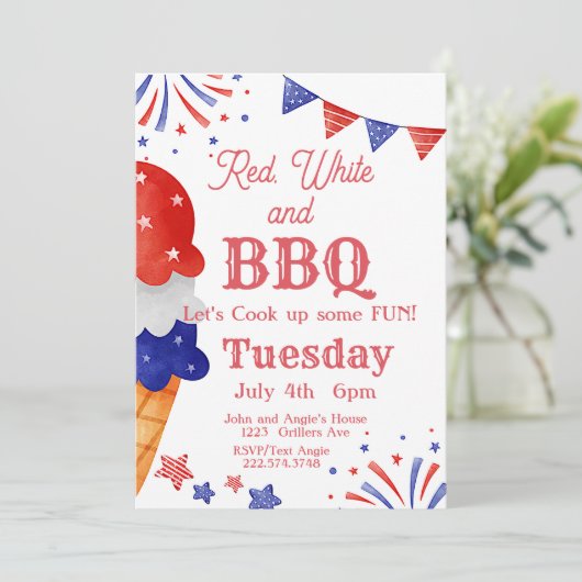 4. Juli, Feuerwerk, Eiscreme Einladung (Stehend Vorderseite)