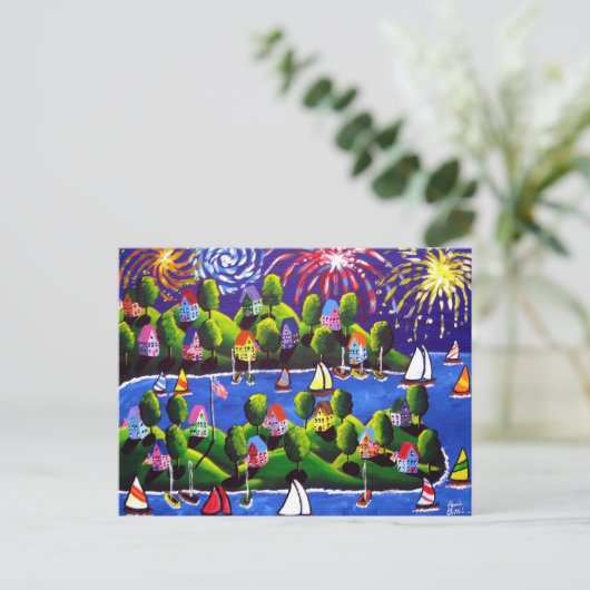 4. Juli Feuerwerk Folk Art Postkarte (Stehend Vorderseite)