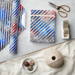 4. Juli Feuerwerk Silber Glitter Unabhängigkeitsta Geschenkpapier