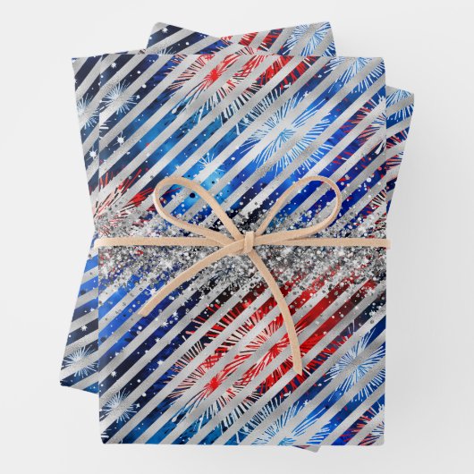 4. Juli Feuerwerk Silberner Glitzer Unabhängigkeit Geschenkpapier Set (Beispiel)