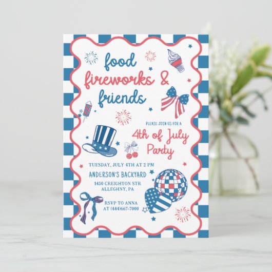 4. Juli Fireworks America Flag GRILLEN Party Einladung (Stehend Vorderseite)