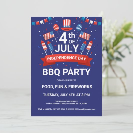 4. Juli Fireworks & Flags BQ Party Einladung (Stehend Vorderseite)