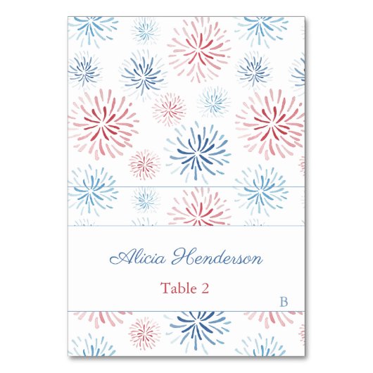 4. Juli Fireworks Red White Blue Platzkarte Tischnummer (Vorderseite)