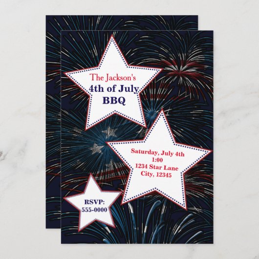 4. Juli FIREWORKS & STARS Party Einladung (Vorne/Hinten)