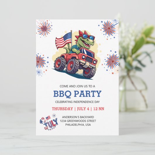 4. Juli Fireworks T-Rex America Flag GRILLEN Party Einladung (Stehend Vorderseite)