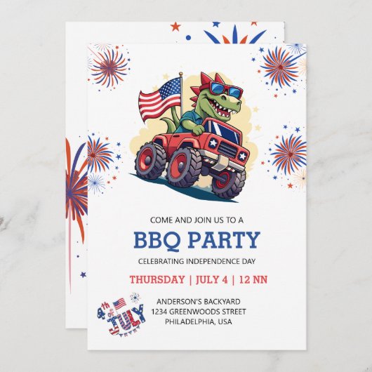 4. Juli Fireworks T-Rex America Flag GRILLEN Party Einladung (Vorne/Hinten)